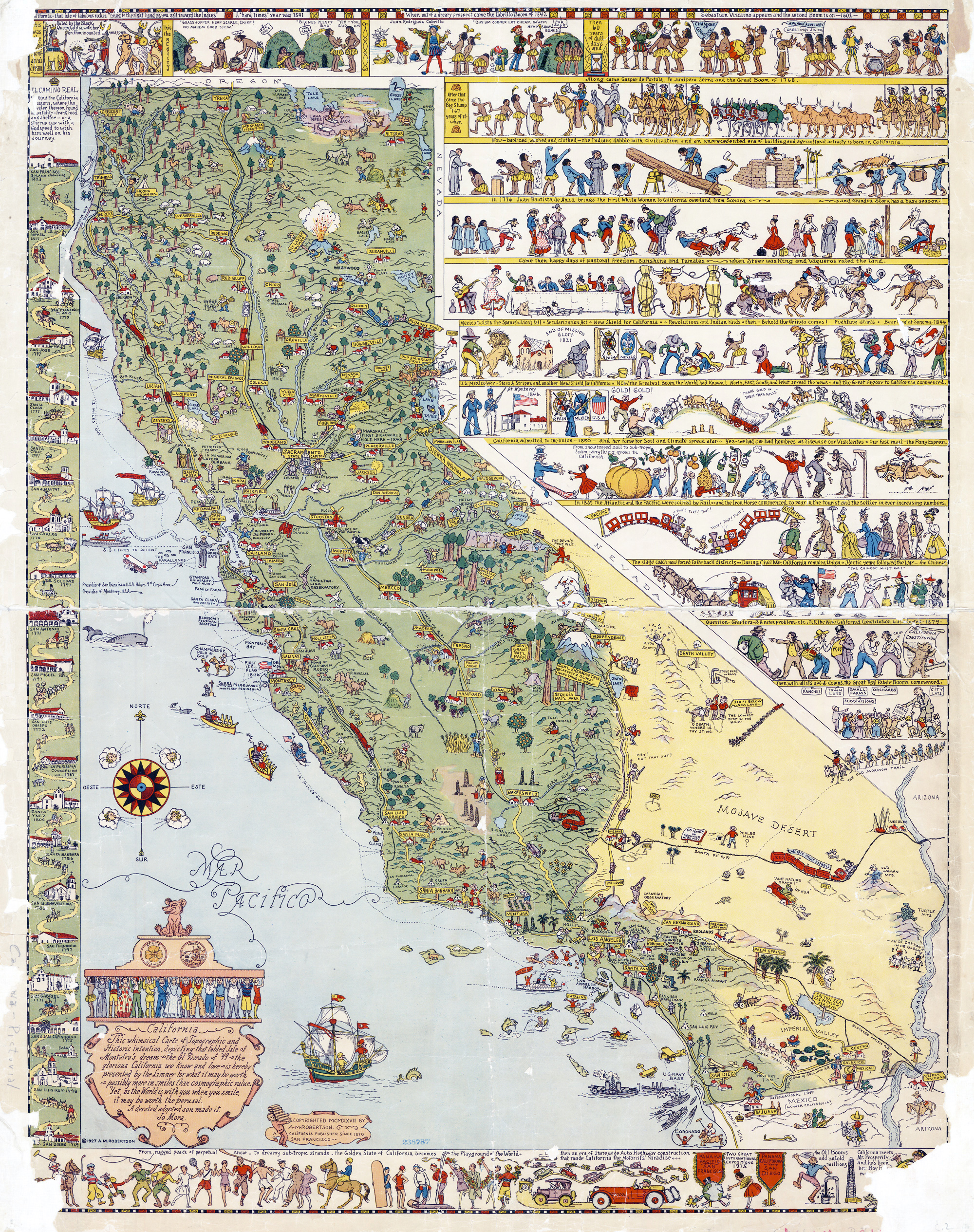 large detailed old tourist illustrated map of California state